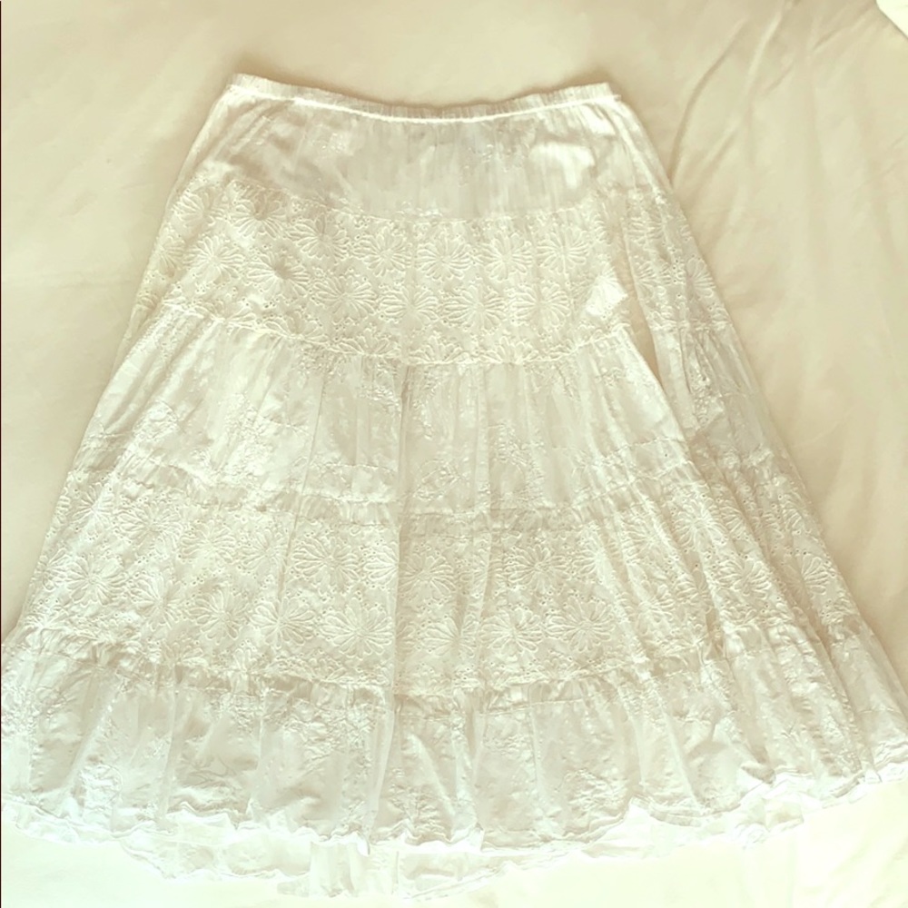 embroidered, calf length, chico’s skirt